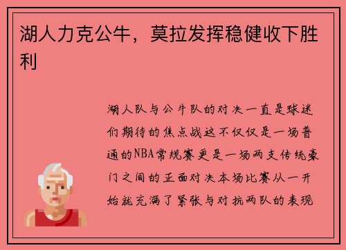 湖人力克公牛，莫拉发挥稳健收下胜利