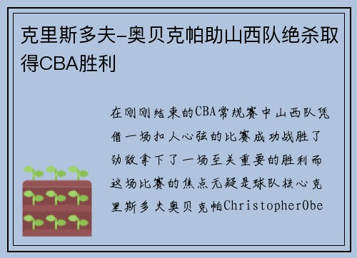 克里斯多夫-奥贝克帕助山西队绝杀取得CBA胜利