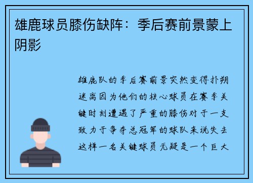 雄鹿球员膝伤缺阵：季后赛前景蒙上阴影